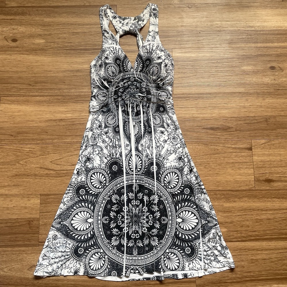 Fashion Magazine Dress Size Small Black White Floral Halter Paisley Y2K